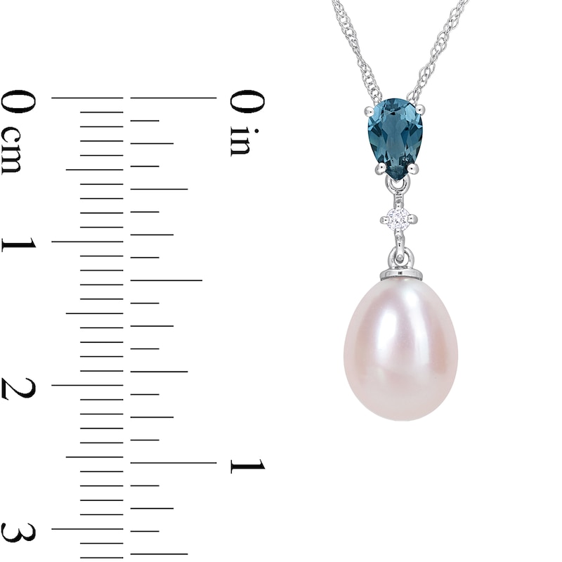 Main Image 2 of 8.0-8.5mm Freshwater Cultured Pearl, London Blue Topaz and Diamond Accent Pendant in 10K White Gold