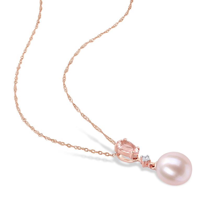 Main Image 2 of 8.0-8.5mm Freshwater Cultured Pearl, Morganite and 0.06 CT. T.W. Diamond Pendant and Earrings Set in 10K Rose Gold