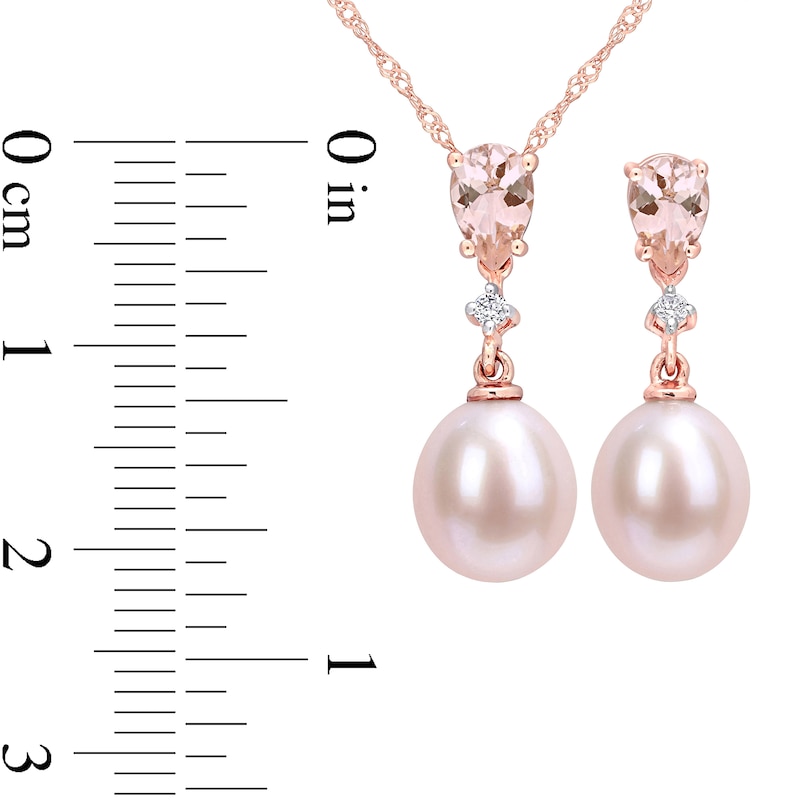 Main Image 3 of 8.0-8.5mm Freshwater Cultured Pearl, Morganite and 0.06 CT. T.W. Diamond Pendant and Earrings Set in 10K Rose Gold