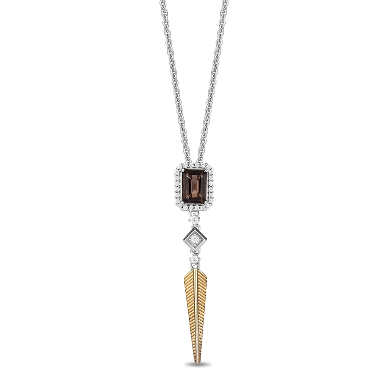 Main Image 1 of Enchanted Disney Pocahontas Smoky Quartz and 0.18 CT. T.W. Diamond Feather Drop Pendant in Sterling Silver and 10K Gold