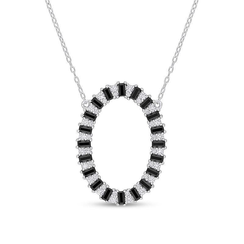 Black Spinel and White Lab-Created Sapphire Open Oval Frame Necklace in Sterling Silver