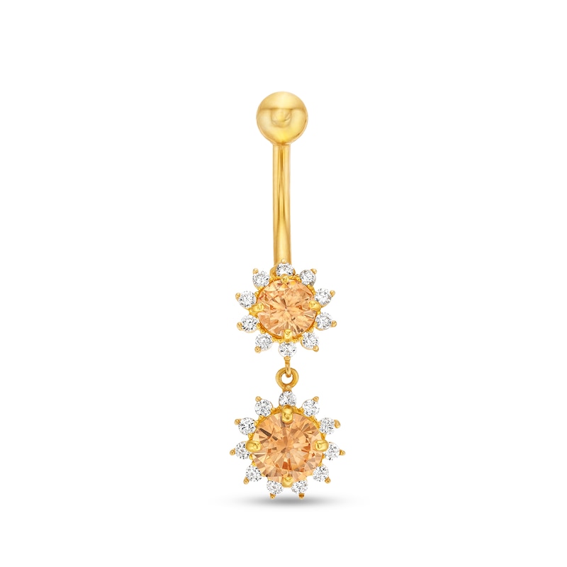 Champagne and White Cubic Zirconia Sunburst Frame Dangle Belly Button Ring in Solid 14K Gold|Peoples Jewellers