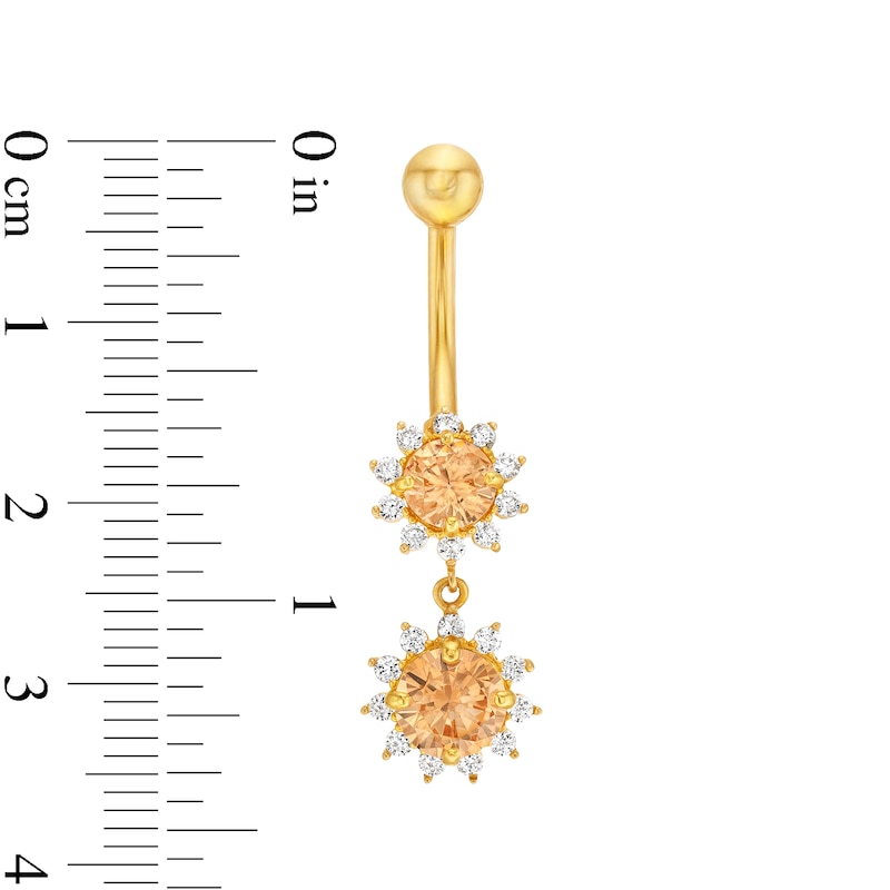 Champagne and White Cubic Zirconia Sunburst Frame Dangle Belly Button Ring in Solid 14K Gold|Peoples Jewellers