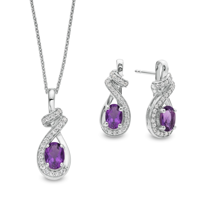 Oval Amethyst and White Lab-Created Sapphire Wrap Ribbon Drop Pendant and Earrings Set in Sterling Silver|Peoples Jewellers