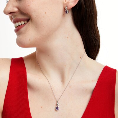 Oval Amethyst and White Lab-Created Sapphire Wrap Ribbon Drop Pendant and Earrings Set in Sterling Silver