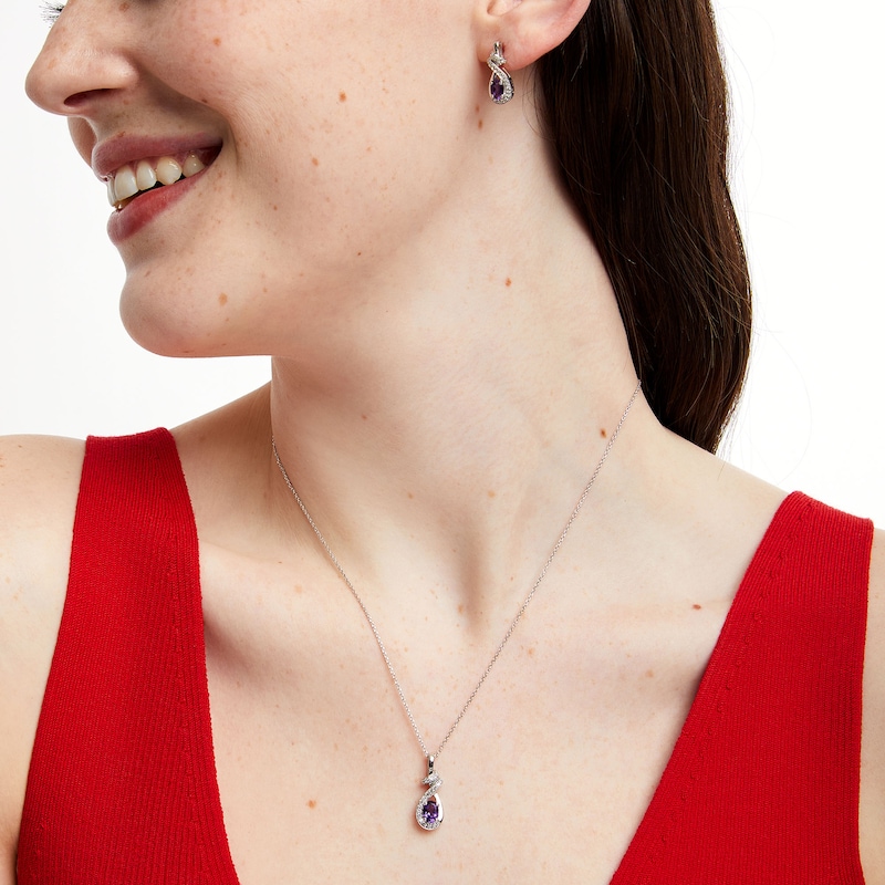 Main Image 2 of Oval Amethyst and White Lab-Created Sapphire Wrap Ribbon Drop Pendant and Earrings Set in Sterling Silver
