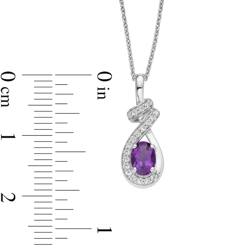 Main Image 4 of Oval Amethyst and White Lab-Created Sapphire Wrap Ribbon Drop Pendant and Earrings Set in Sterling Silver