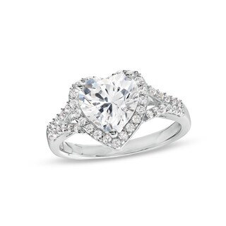 8.0mm Heart-Shaped White Lab-Created Sapphire Frame Split Shank Ring in Sterling Silver