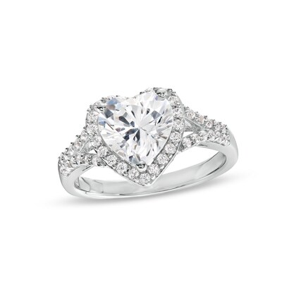 8.0mm Heart-Shaped White Lab-Created Sapphire Frame Split Shank Ring in Sterling Silver