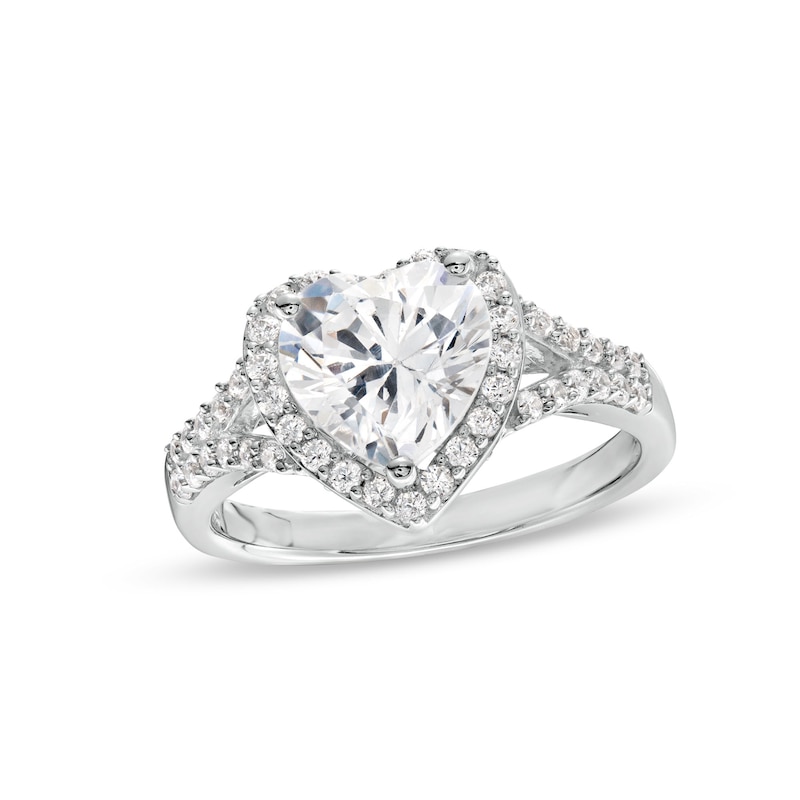 8.0mm Heart-Shaped White Lab-Created Sapphire Frame Split Shank Ring in Sterling Silver|Peoples Jewellers