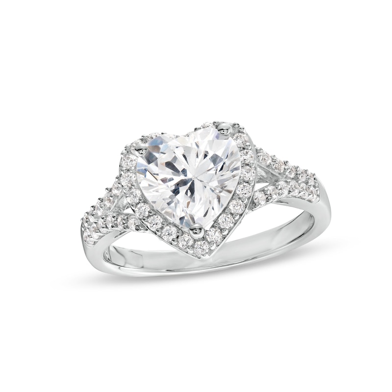 8.0mm Heart-Shaped White Lab-Created Sapphire Frame Split Shank Ring in Sterling Silver