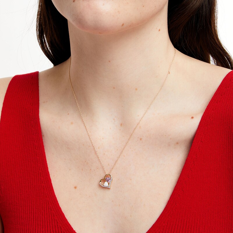 Lab-Created Opal, Pink Lab-Created Sapphire and 0.09 CT. T.W. Diamond Tilted Triple Heart Pendant in 10K Gold