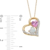Thumbnail Image 3 of Lab-Created Opal, Pink Lab-Created Sapphire and 0.09 CT. T.W. Diamond Tilted Triple Heart Pendant in 10K Gold