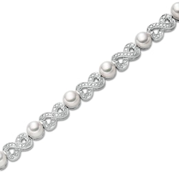 5.0mm Button Freshwater Cultured Pearl and Diamond Accent Alternating Infinity Link Bracelet in Sterling Silver-7.25"