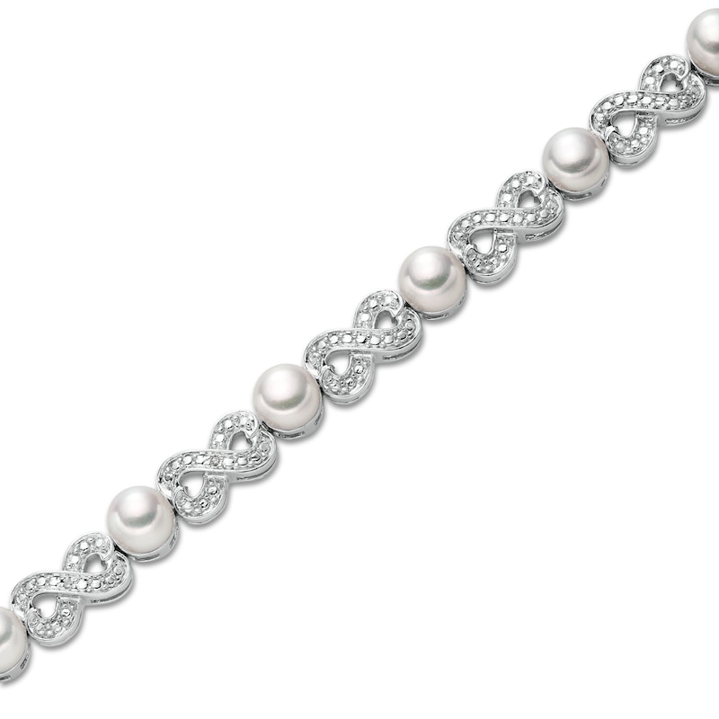 Main Image 1 of 5.0mm Button Freshwater Cultured Pearl and Diamond Accent Alternating Infinity Link Bracelet in Sterling Silver-7.25"