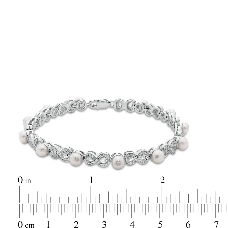 Main Image 4 of 5.0mm Button Freshwater Cultured Pearl and Diamond Accent Alternating Infinity Link Bracelet in Sterling Silver-7.25"