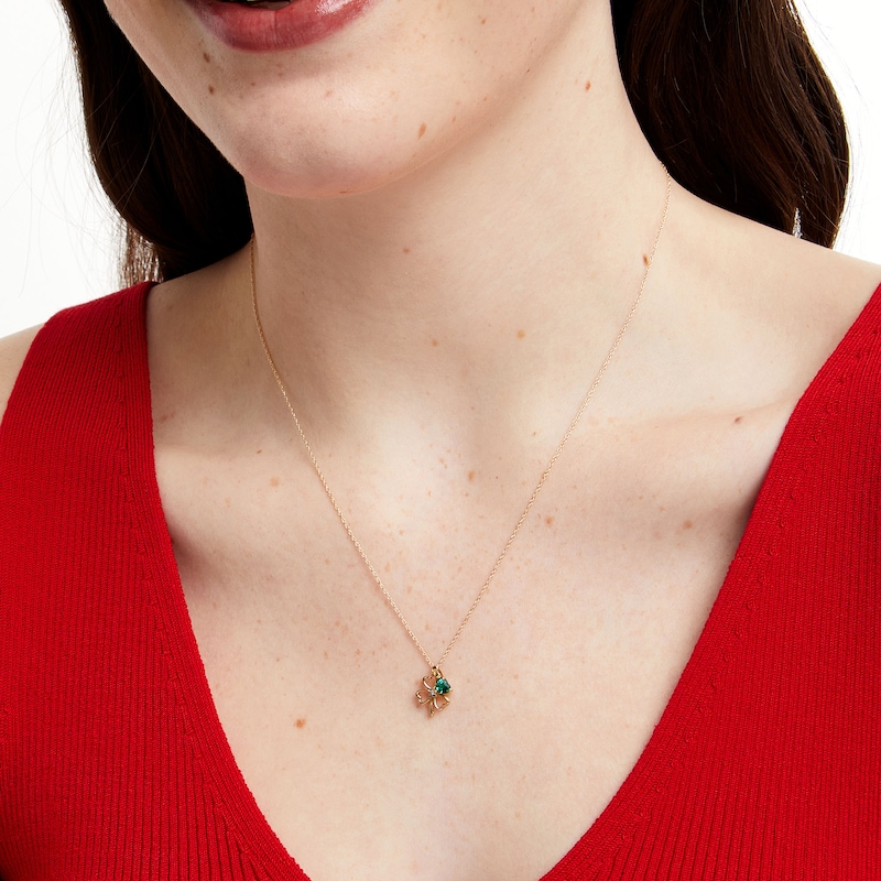 Main Image 2 of 4.0mm Heart-Shaped Lab-Created Emerald and Diamond Accent Clover Pendant in 10K Gold
