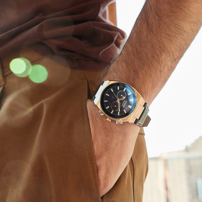 Main Image 4 of Men's Citizen Axiom Watch in Yellow-Tone Stainess Steel with Brown Leather Strap (Model: CA4583-01E)