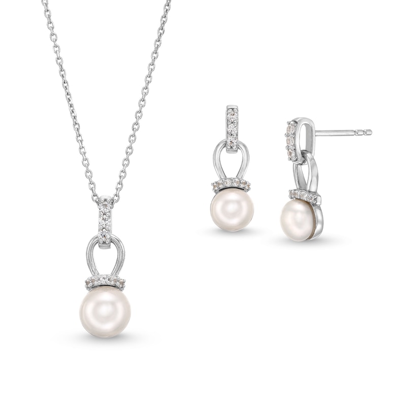 Cultured Freshwater Pearl and White Lab-Created Sapphire Pendant and Earrings Set in Sterling Silver