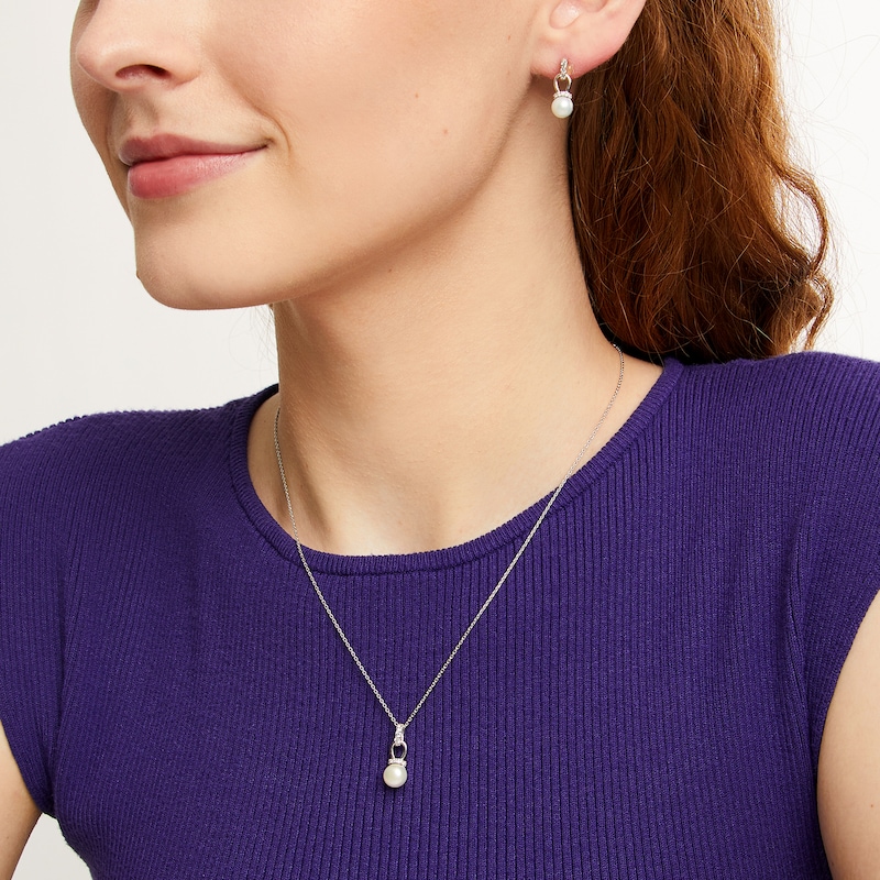 Main Image 2 of Freshwater Cultured Pearl and White Lab-Created Sapphire Pendant and Earrings Set in Sterling Silver
