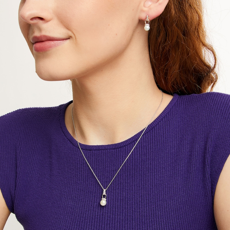 Cultured Freshwater Pearl and White Lab-Created Sapphire Pendant and Earrings Set in Sterling Silver