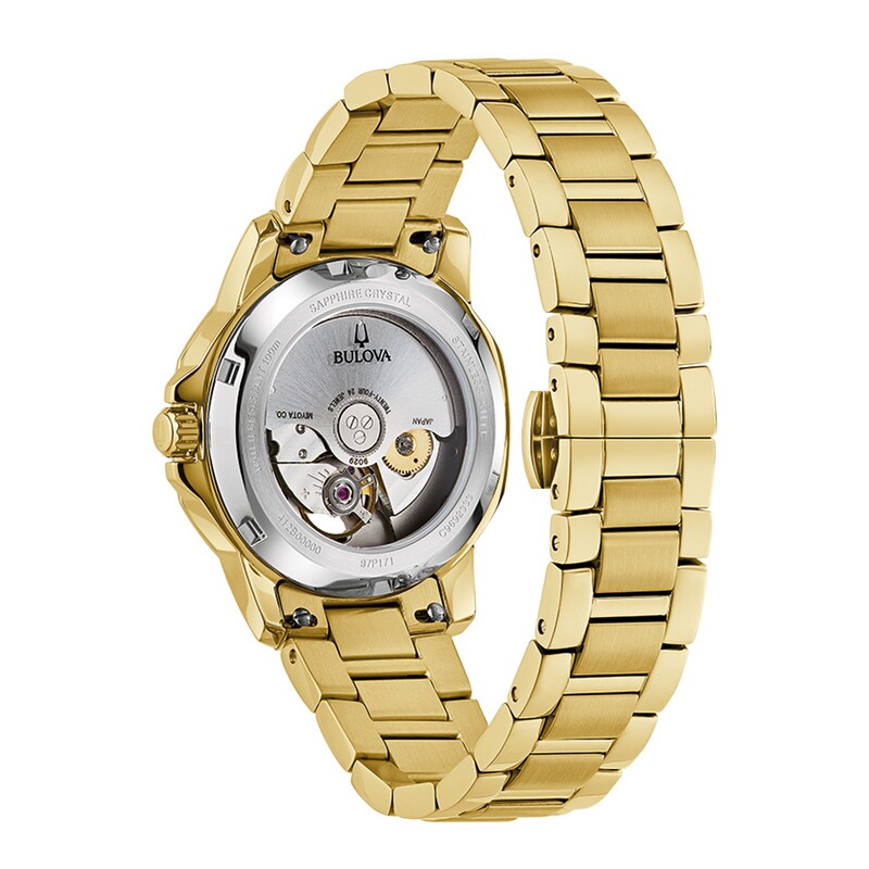 Main Image 3 of Ladies' Bulova Marine Star Black Mother-of-Pearl and Diamond Accent Watch in Gold-Tone Stainless Steel (Model 97P171)