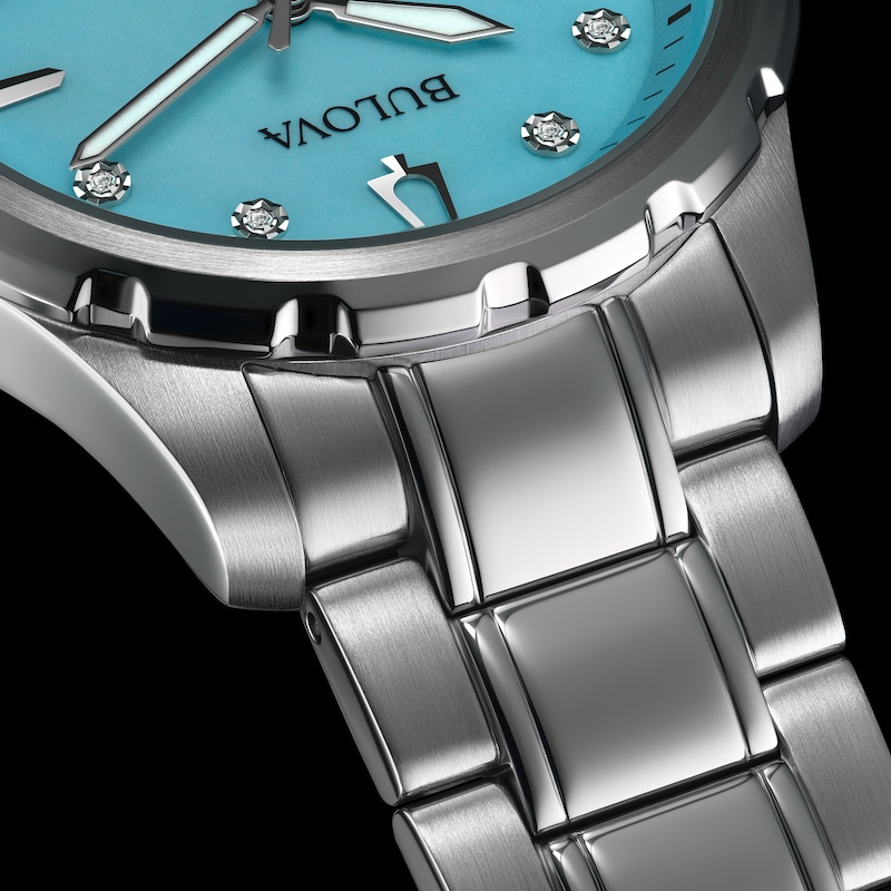 Ladies' Bulova Marine Star Blue Mother-of-Pearl and Diamond Accent Dial Watch in Stainless Steel (Model 96P248)