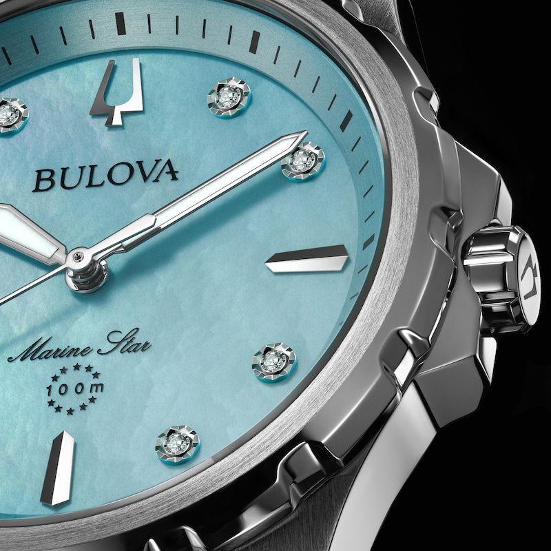 Ladies' Bulova Marine Star Blue Mother-of-Pearl and Diamond Accent Dial Watch in Stainless Steel (Model 96P248)