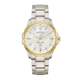 Ladies' Bulova Marine Star White Mother-of-Pearl and Diamond Accent Watch in Two-Tone Stainless Steel (Model 98P227)
