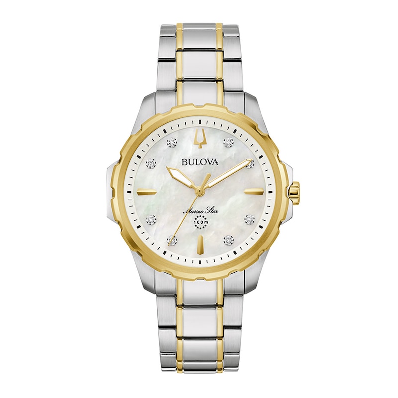 Main Image 1 of Ladies' Bulova Marine Star White Mother-of-Pearl and Diamond Accent Watch in Two-Tone Stainless Steel (Model 98P227)