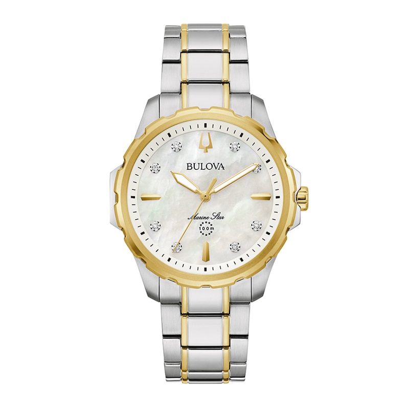 Ladies' Bulova Marine Star White Mother-of-Pearl and Diamond Accent Watch in Two-Tone Stainless Steel (Model 98P227)