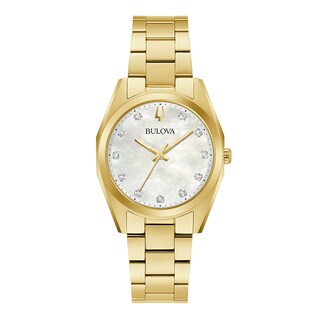 Ladies' Bulova Surveyor White Mother-of-Pearl and Diamond Accent Watch in Gold-Tone Stainless Steel (Model 97P172)