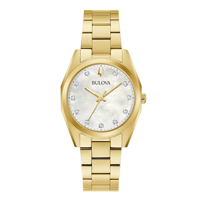 Ladies' Bulova Surveyor White Mother-of-Pearl and Diamond Accent Watch in Gold-Tone Stainless Steel (Model 97P172)