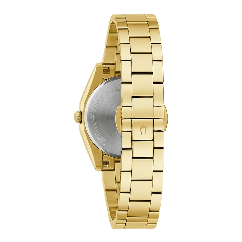 Ladies' Bulova Surveyor White Mother-of-Pearl and Diamond Accent Watch in Gold-Tone Stainless Steel (Model 97P172)