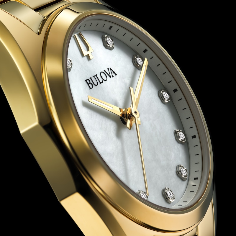 Ladies' Bulova Surveyor White Mother-of-Pearl and Diamond Accent Watch in Gold-Tone Stainless Steel (Model 97P172)