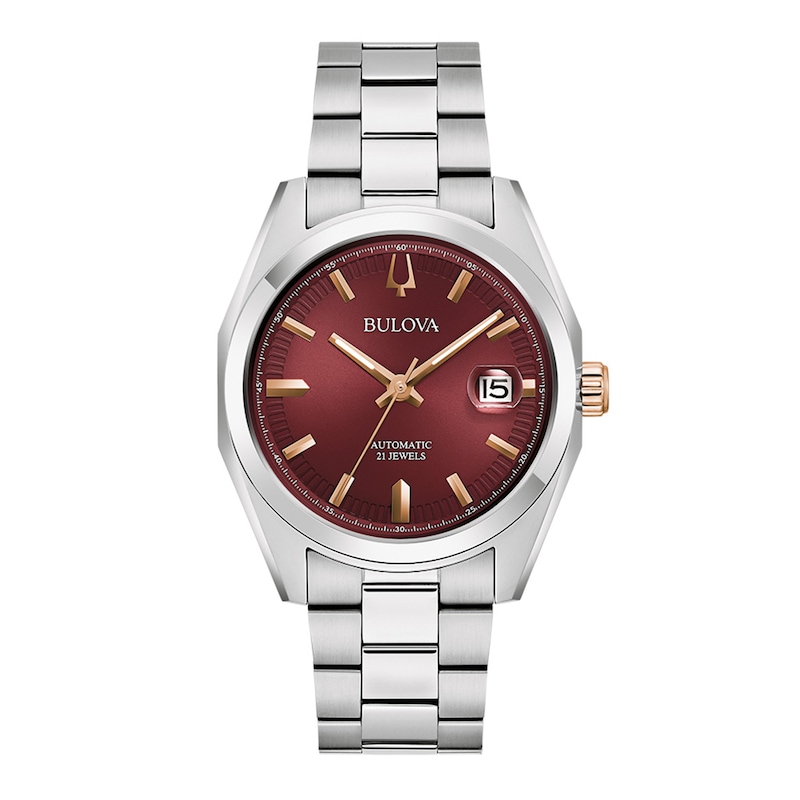 Main Image 1 of Men's Bulova Surveyor Burgundy Dial Watch in Stainless Steel (Model 98B422)