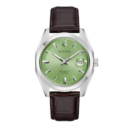 Men's Bulova Surveyor Green Dial Watch in Stainless Steel with Brown Leather Strap (Model 96B427)