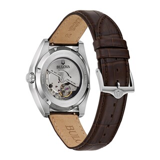 Men's Bulova Surveyor Green Dial Watch in Stainless Steel with Brown Leather Strap (Model 96B427)
