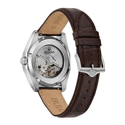 Men's Bulova Surveyor Green Dial Watch in Stainless Steel with Brown Leather Strap (Model 96B427)