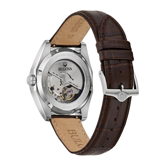 Men's Bulova Surveyor Green Dial Watch in Stainless Steel with Brown Leather Strap (Model 96B427)