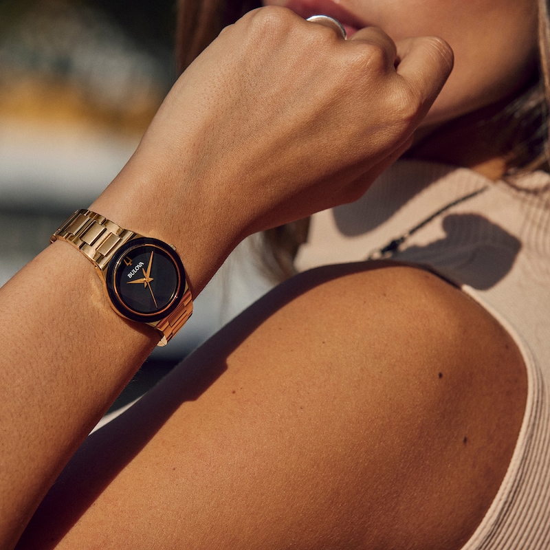 Main Image 6 of Ladies' Bulova Modern Black Dial Watch in Gold-Tone Stainless Steel (Model 97L175)