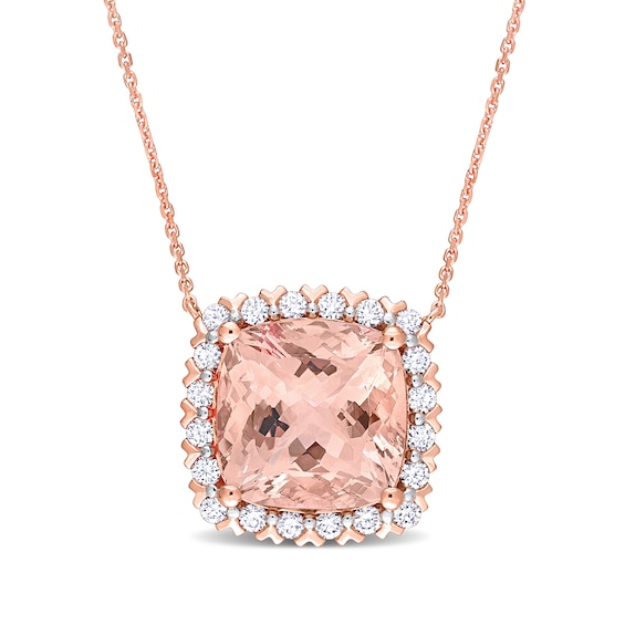 Cushion-Cut Morganite and 0.70 CT. T.W. Diamond Frame Pendant in 14K Rose Gold – 17”