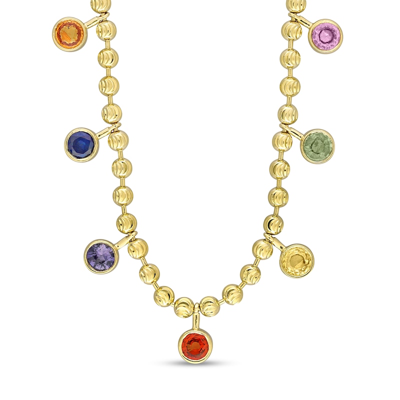 Multi-Color Sapphire Station Beaded Necklace in 10K Yellow Gold – 16”