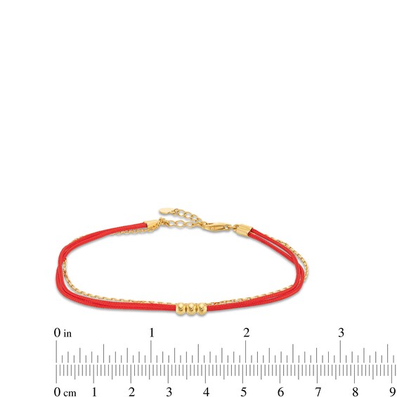Red Nylon Thread with Bead Trio Cable Chain Bracelet in Hollow 14K Gold - 8"