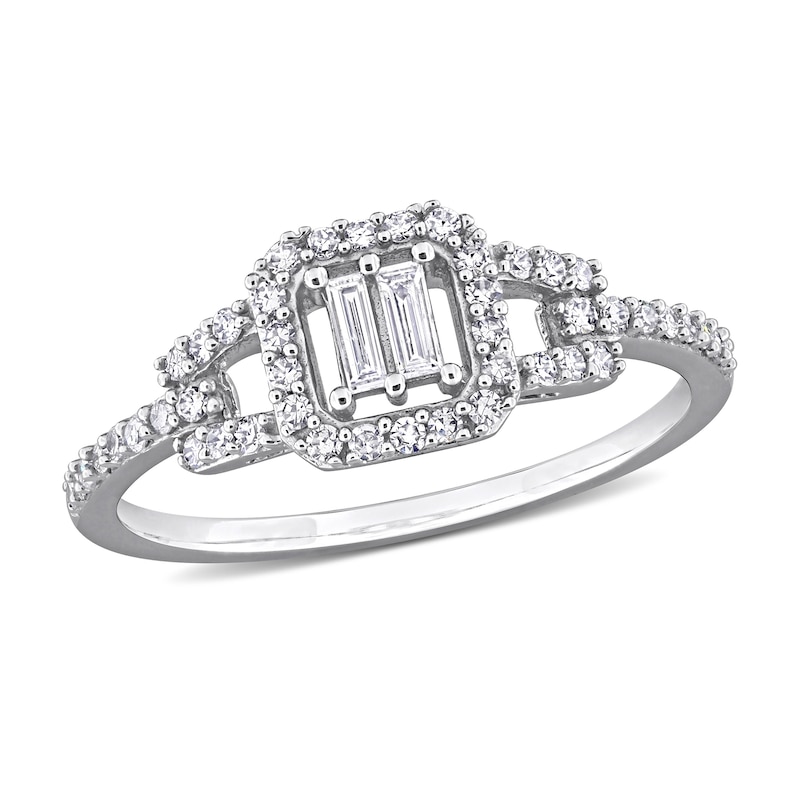 Main Image 1 of 0.31 CT. T.W. Baguette and Round Diamond Cushion Frame Split Shank Engagement Ring in 10K White Gold