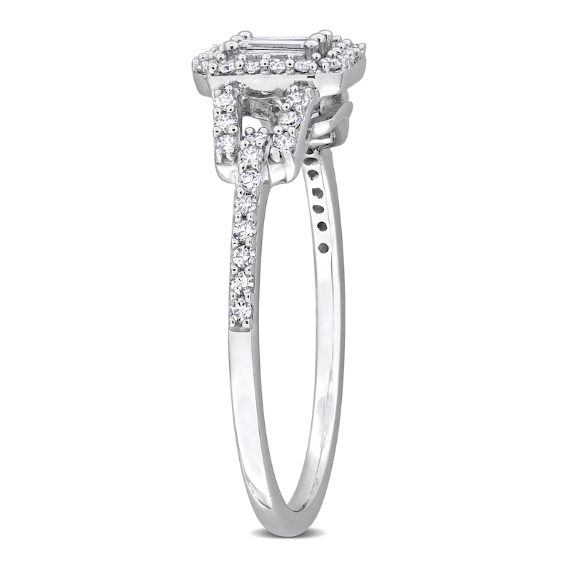 Main Image 2 of 0.31 CT. T.W. Baguette and Round Diamond Cushion Frame Split Shank Engagement Ring in 10K White Gold