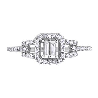 0.31 CT. T.W. Baguette and Round Diamond Cushion Frame Split Shank Engagement Ring in 10K White Gold