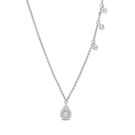 0.19 CT. T.W. Diamond Teardrop Three Stone Station Necklace in 14K White Gold - 17"