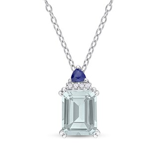 Emerald-Cut Aquamarine, Blue Sapphire and Diamond Accent Stacked Pendant in Sterling Silver