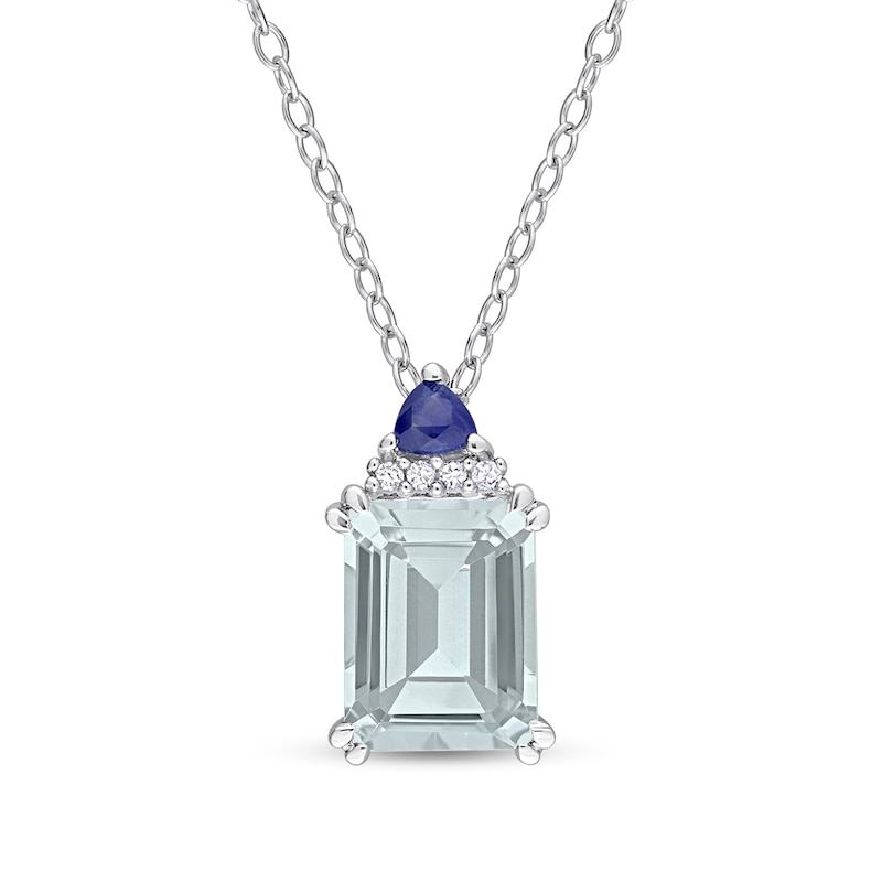 Emerald-Cut Aquamarine, Blue Sapphire and Diamond Accent Stacked Pendant in Sterling Silver